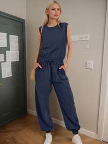 SANOPY Jumpsuits For Women,Women's Sports Casual Sleeveless Round Neck Waist Drawstring Jumpsuit Cuffs Jumpsuit With Pockets - 藏蓝色 - 查看 3