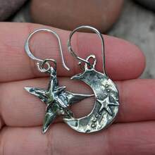 Hoa tai bạc hình mặt trăng và ngôi sao phong cách Boho cổ điển dành cho phụ nữ Hoa tai thả bạc độc đáo Trang sức dự tiệc hàng ngày Quà tặng sinh nhật kỷ niệm Ngày của Mẹ - Bạc - Xem 2