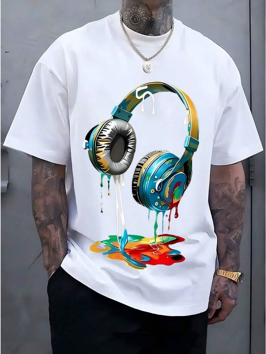 Men's Navy Blue Graphic Tee With Vibrant Headphone Print - 220g Thick Cotton, Casual & , Short Sleeve Crew Neck T-Shirt, Machine Washable For Summer Fashion, Street Fashion Tee | Graphic Print Shirt | Durable Casualwear - trắng - Xem 1