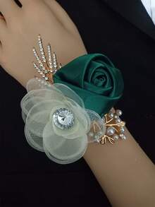 1pc Korean Style Wrist Corsage, Multi-Color Green And Beige Rose Flower Design, Suitable For Bride, Bridesmaid, Wedding, Party, Daily Wear Bracelet - Multicolor - View 3