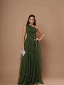 One-Shoulder Layered Bridesmaid Prom Dress - 橄欖綠 - 查看 1