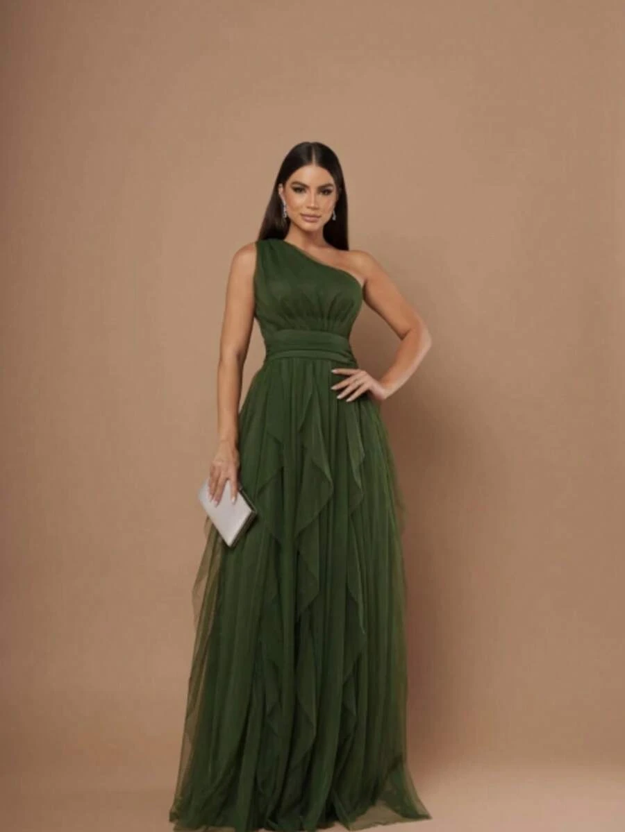 One-Shoulder Layered Bridesmaid Prom Dress - 橄欖綠 - 查看 1