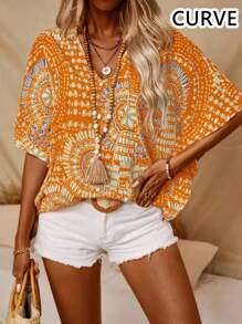 Plus Women's Bat Sleeve Printed V-Neck Blouse