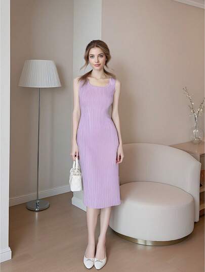 Vestido de tirantes con abertura lateral,Vestido tank de muslo con abertura,Vestido sin mangas sencillo y diario para mujer de un solo color