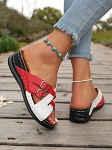 Wedge Heel Casual Slippers, New Crossed Strap Solid Color Open Toe Fishmouth Mother Sandals