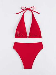New Summer Solid Color 2 Pieces Bikini Set, Halter Tie Back Style, Beach Vacation - Red - View 6