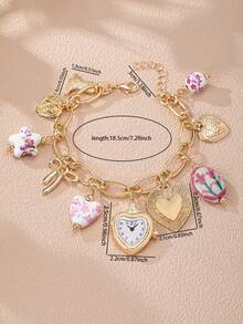 1pc Handmade Tulip Floral Porcelain Charm Bracelet, Faux Watch Style, Boho Jewelry With Heart, Cowboy Boot & Locket Charms, Randomized Colors & Patterns