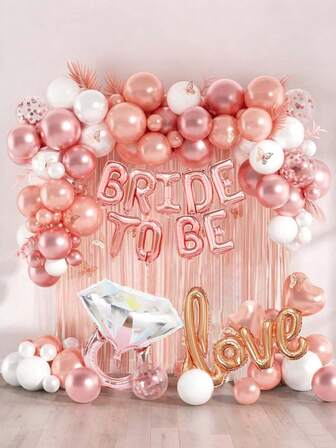 76 件玫瑰金新娘送礼会气球装饰套装，包括玫瑰金爱心铝箔气球、心形气球、大圆环气球、玫瑰金彩带，适用于新娘派对、单身派对、婚礼装饰