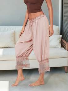 Womens Cropped Pants Loose Mid Rise Patchwork Lace Lantern Trousers Casual Streetwear - 香檳色 - 查看 2