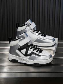 1 Đôi Giày Thể Thao Cổ Cao Cho Trẻ Em, Thân Giày Bằng Da PU, Giày Chạy Bộ Trong Nhà/Ngoài Trời, Khóa Dán Dễ Mặc, Nhẹ, Chống Trượt, Thoáng Khí, Thoải Mái, Thời Trang Unisex Retro Chunky Patchwork - Bạc - Xem 8