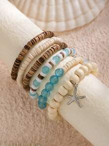 6pcs Boho Ocean Style Coconut Shell Beaded Bracelet Set, Starfish & Shell Pendant, Charming Jewelry For Men Beach Party Vacation
