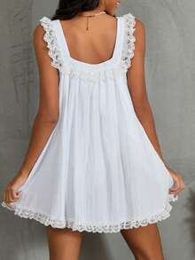 Cute Ribbon Bow Square Collar Sleeveless Short Dress Lace Trimmed Babydoll Mini Dress Fairycore Y2k Cute Women A-Line Dress - 白色 - 查看 7