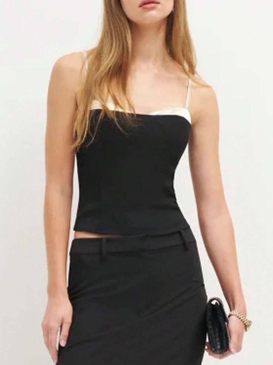 Women's Summer Cami Tops Sleeveless Backless Contrast Color Back Zip Up Vest - màu đen - Xem 1