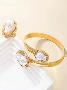2pcs Fashionable Asymmetrical Teardrop Crystal Bangle Rings Set, Creative Cuff Bracelet And Ring For Women - Set - View 3