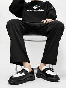 男士休闲厚底一脚蹬增高纯黑色皮鞋，防滑学生乐福鞋，流苏正装商务鞋，轻便休闲工作靴 - 黑與白 - 查看 7