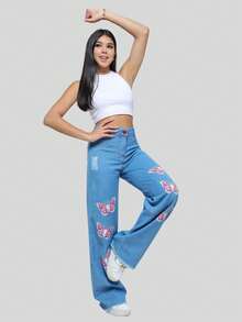 Wide Leg Jeans For Girls With Printed Red Buttons, Premium Model - 藍色 - 查看 5