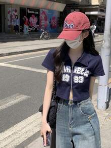 复古字母印花 Polo 领双拉链短款 T 恤，春夏休闲款 - 藏蓝色 - 查看 4