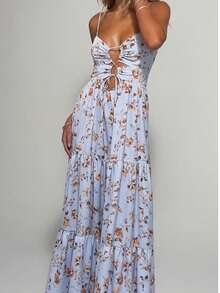 Women Summer Casual Long Dress Y2k Spaghetti Strap Bodycon Low Cut Dress V-Neck Sleeveless Solid Color Tie-Up High Backless Sexy Fashion Party Sling Maxi Dress - hoa màu xanh - Xem 2