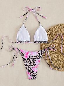 Summer Women's Leopard Floral Print Halter Neck 2pcs Bikini Set - Multicolor - View 2