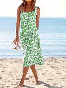 Đầm không tay in hoa thời trang, nhẹ nhàng và thanh lịch, đa năng, phù hợp cho các dịp thường ngày, đi biển, du lịch, công sở, đám cưới, tiệc tùng, hoặc mặc ngủ mùa hè. - màu xanh lá - Xem 5