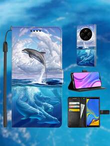Funda de cartera de piel con patrón de delfín, con ranuras para tarjetas, soporte, correa de muñeca, compatible con Honor, compatible con teléfonos Redmi, regalo para parejas y amigos, versión internacional, no la versión nacional - Multicolor - Ver 1