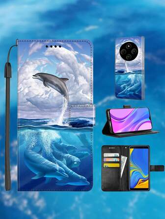 Portafoglio in pelle con motivo a delfino, custodia per telefono con slot per schede, supporto, cinturino da polso, compatibile con Honor, telefoni Redmi, regalo per coppie e amici