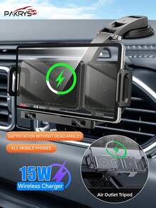 PAKRYS 折叠屏旋转车载支架 15W低温快充 双线圈无线充 适用于大部分手机、平板等型号 全电动伸缩夹臂360°旋转 钢化玻璃防滑硅胶 车载手机支架+出风口三脚架/瀑布吸盘