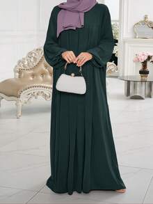 1 chiếc áo choàng màu trơn có thiết kế xếp ly ở ngực và tay áo, áo choàng Abaya thời trang đa năng thích hợp cho thường ngày, giải trí, cầu nguyện - Màu xanh lá cây đậm - Xem 3