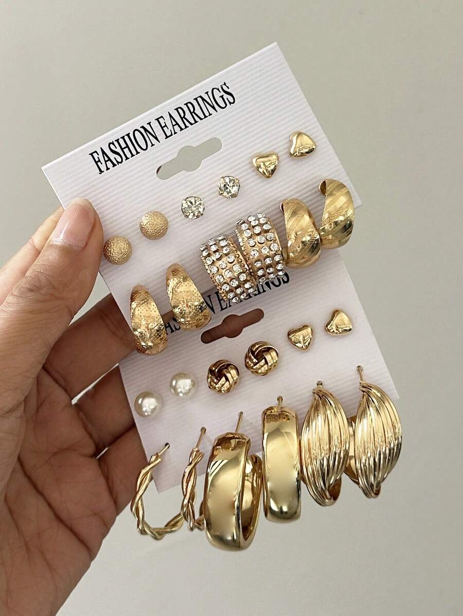 Set de 24 piezas/12 pares de pendientes metálicos elegantes con diseños de corazón y rayas para mujeres, con aros adornados con rhinestones y pendientes tipo botón simples, aptos para el uso diario y las vacaciones de verano casual