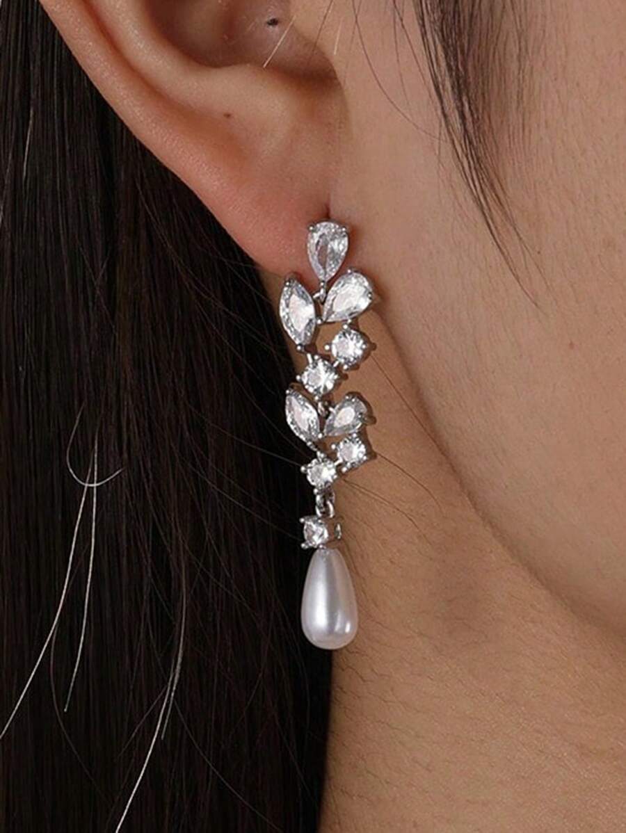 2 Pcs Water Drop Pearl & Cubic Zirconia Elegant Fashion Earrings, Suitable For Brides And Bridesmaids