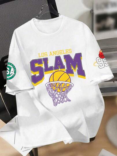 男童篮球印花圆领T恤，休闲柔软夏季青少年上衣