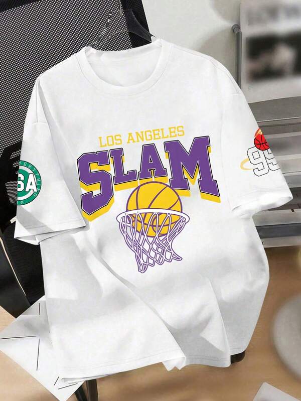 Tween Boy Basketball Print Crew Neck T-Shirts Summer Boy's Casual Tee Soft Tops