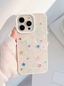 GUCADI 1 件白色贝壳图案彩色小星星 + 星星水晶装饰简约风格全身手机壳适用于 Apple 16/15/14/13/12/11 系列