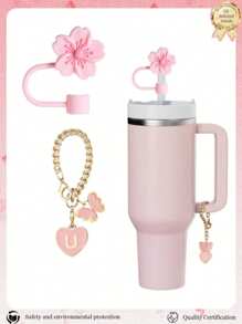 2pcs/Set Accessories For 30-40oz Cups, Pink Letter Cup Marker And Silicone Fuchsia Flower Straw Lid, Silicone Anti-Slip Protective Cover, Reusable 10mm Thick Straw Lid, Cute Letter Decor Fits Modern Minimalist Glass Cups, Back To School Supplies