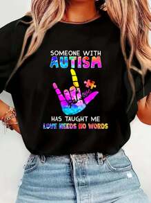 Someone With  Has Taught Me Love Needs No Words T-Shirt Print T-Shirt Casual Crew Neck Short Sleeve Comfort Tee Top For Spring & Summer Women's Clothing - 黑色 - 查看 1