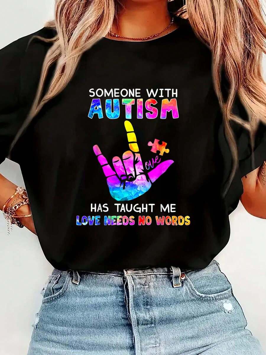 Someone With  Has Taught Me Love Needs No Words T-Shirt Print T-Shirt Casual Crew Neck Short Sleeve Comfort Tee Top For Spring & Summer Women's Clothing - 黑色 - 查看 1