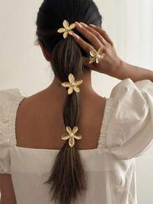 1 件女士时尚金属奢华 5 瓣花珍珠发带弹性发带合金发饰马尾辫发绳