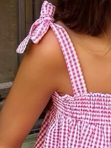 野餐纯色格子短款背心，适合夏季外出 - 粉色 - 查看 5