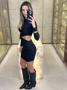 Women's Elegant Long Sleeve Cut Out Pleated Dress In Suplex 36 To 40 In Solid Color For Winter And Summer (Brown,L) - 黑色 - 查看 2