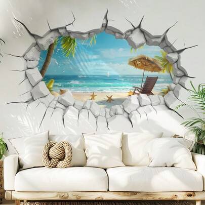 1 件趣味 3D 效果破碎墙贴，夏季海滩墙贴，装饰艺术纸，PVC 防水自粘贴花，适用于卧室、门厅、客厅、书房、橱柜家居装饰贴纸个性贴纸