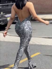 夏季火辣女孩性感镂空网眼豹纹拉链紧身连体裤