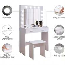 Dressing Table Set With LED Lights Mirror, Vanity Makeup Table 2 Large Drawers And Stool (Black) - White - View 5
