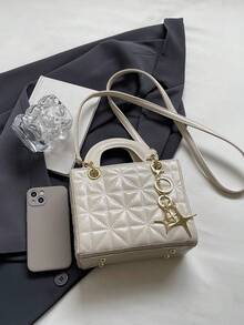 女士时尚白色单肩包，复古牛仔风格，百搭设计，拉链开合，涤纶衬里，纯色斜挎包 - 白色 - 查看 9