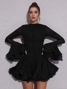 Modphy New Elegant Women's Long Button Asymmetrical Petal Patchwork Fashion Flare Sleeve Bodycon Mini Dress, Suitable For Wedding Guest, Festival, Birthday Party, Formal Evening Gala, Easter, Prom Dress - Black - View 8