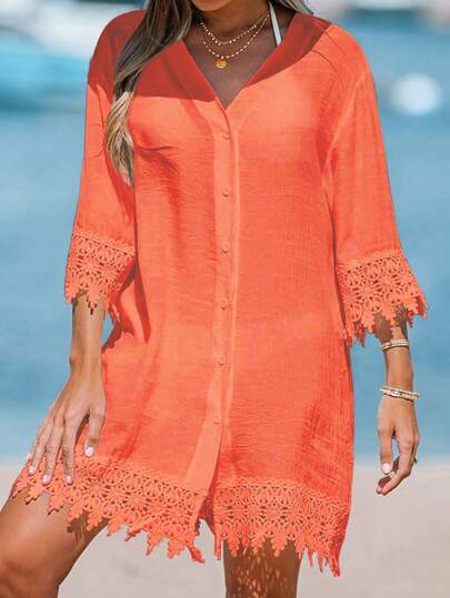 Camisa longa feminina de férias, cor sólida, com punho de renda e abotoamento simples