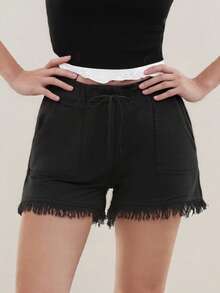Women Lightweight Washed Denim Shorts, Casual Drawstring Hot Pants Elastic Waist Frayed Hem Loose Comfy Short Jeans - 黑色 - 查看 4