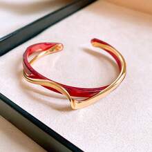 1pc Women's Double Layer Open Bangle Bracelet, Simple Versatile Fashion Retro High-End Accessory - Burgundy - View 6