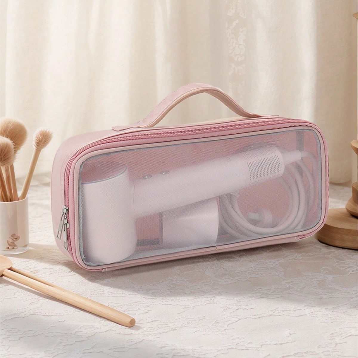 1pc Portable Hair Dryer Storage Bag, Transparent Mesh Bag For Travel, Cosmetic, Curling Iron Storage, Multi-Functional Cosmetic Bag, Cosmetic Storage, Travel Toiletry Bag, Handbag, Dust-Proof, Large Capacity, Electric Curling Iron, Flat Iron Protective Case, Hair Dryer Storage, Travel Essential, Travel Accessories, Back To School Supplies Make Up Bag