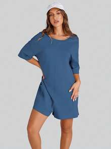 Mono de mujer casual de color sólido, estilo suelto minimalista, cuello redondo, top de manga corta, diseño transpirable sin espalda, cómodo top de mujer de bolsillos grandes, adecuado para la calle y el uso diario. - Azul - Ver 5