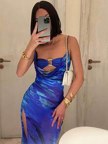 女士性感镂空吊带裙，带金属环装饰，网眼印花，度假风格 - 藍色 - 查看 1